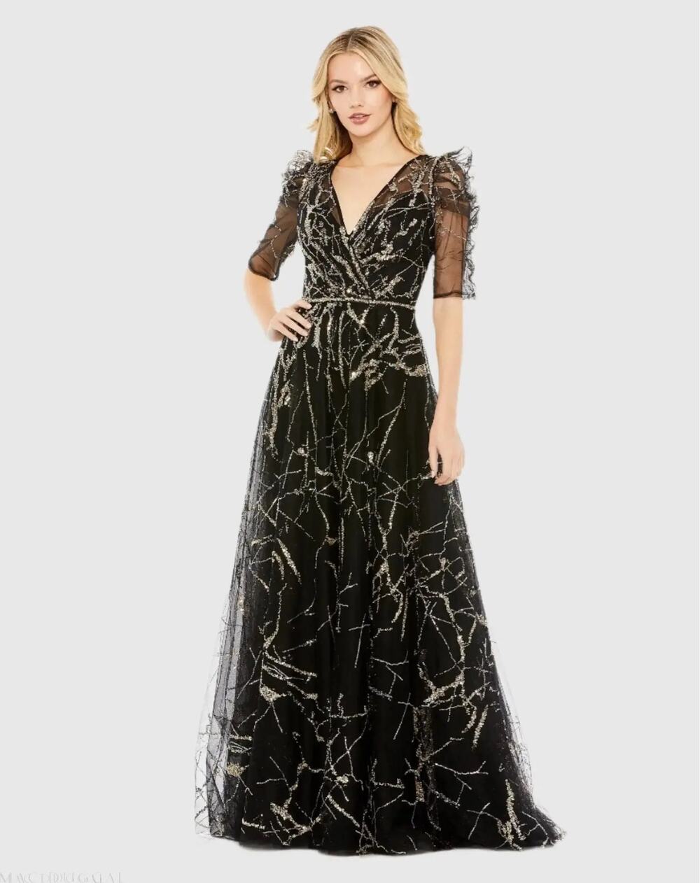 NWT Mac Duggal embellished gathered puff sleeve faux wrap gown Size 10